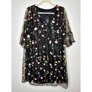 Worthington Floral Embroidered Mesh Overlay Dress Black Size 18 NWT‎